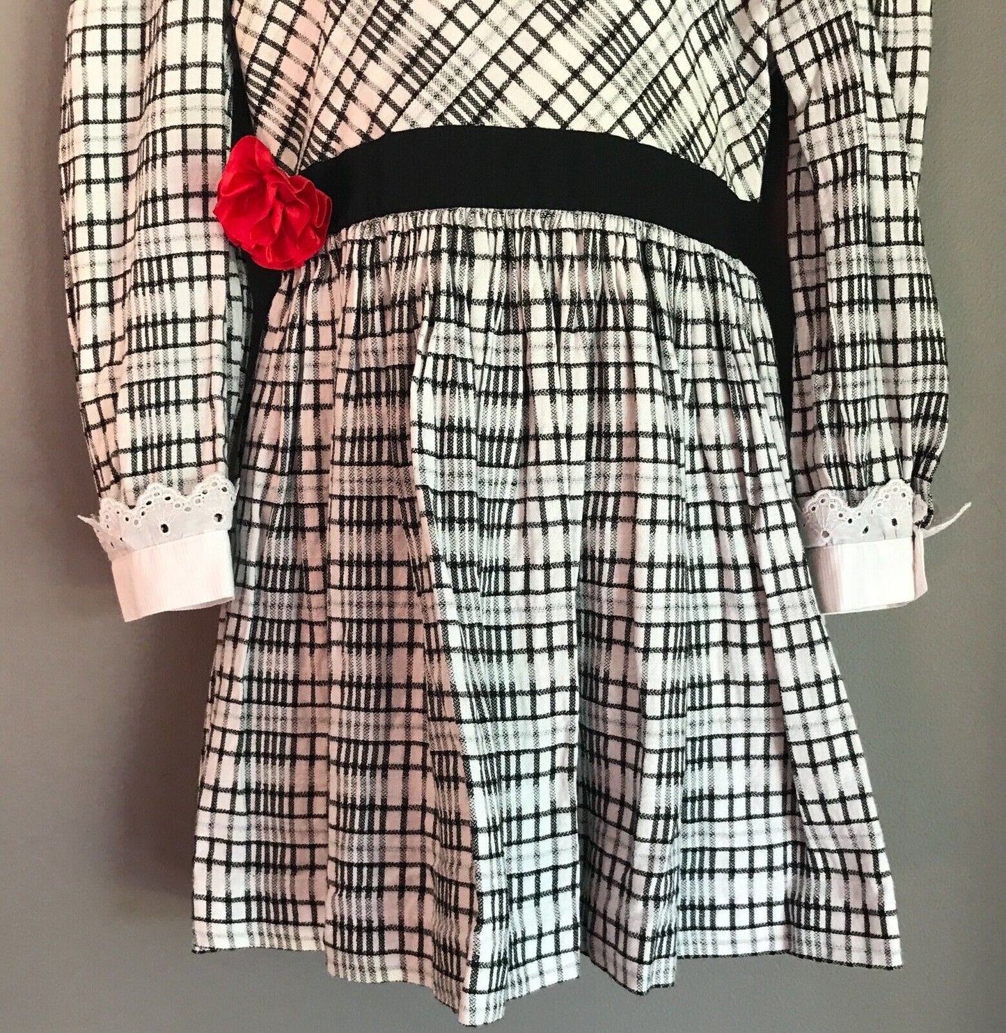 ELIZABETH ANNE Dress Black White Check Long Sleeve Collar Prairie Girls Size 6
