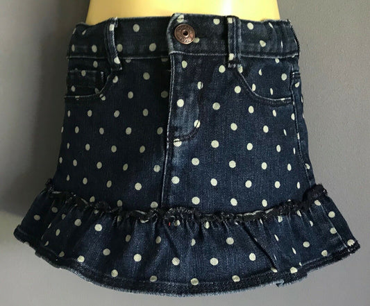 Girls OSHKOSH Blue Denim & White Spot Ruffle Hem Skirt w Adjustable Waist Size 3
