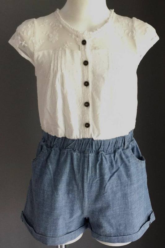 LEE COOPER Shorts Onepiece Girls White & Chambray Denim Playsuit Romper Size 6