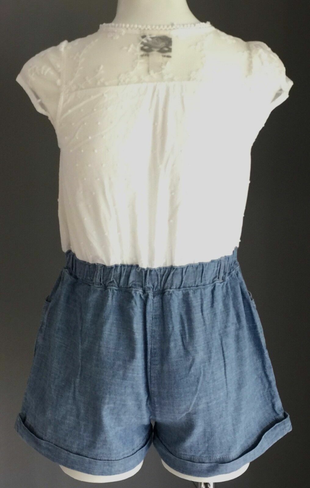 LEE COOPER Shorts Onepiece Girls White & Chambray Denim Playsuit Romper Size 6