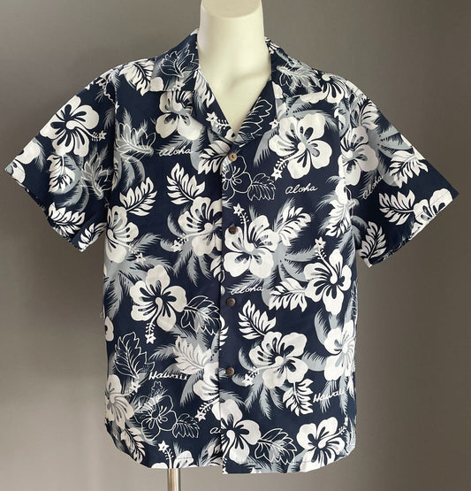 ALI'I FASHIONS Blue White Tropical Hawaiian Print Shirt Boys Size L  100cm Chest