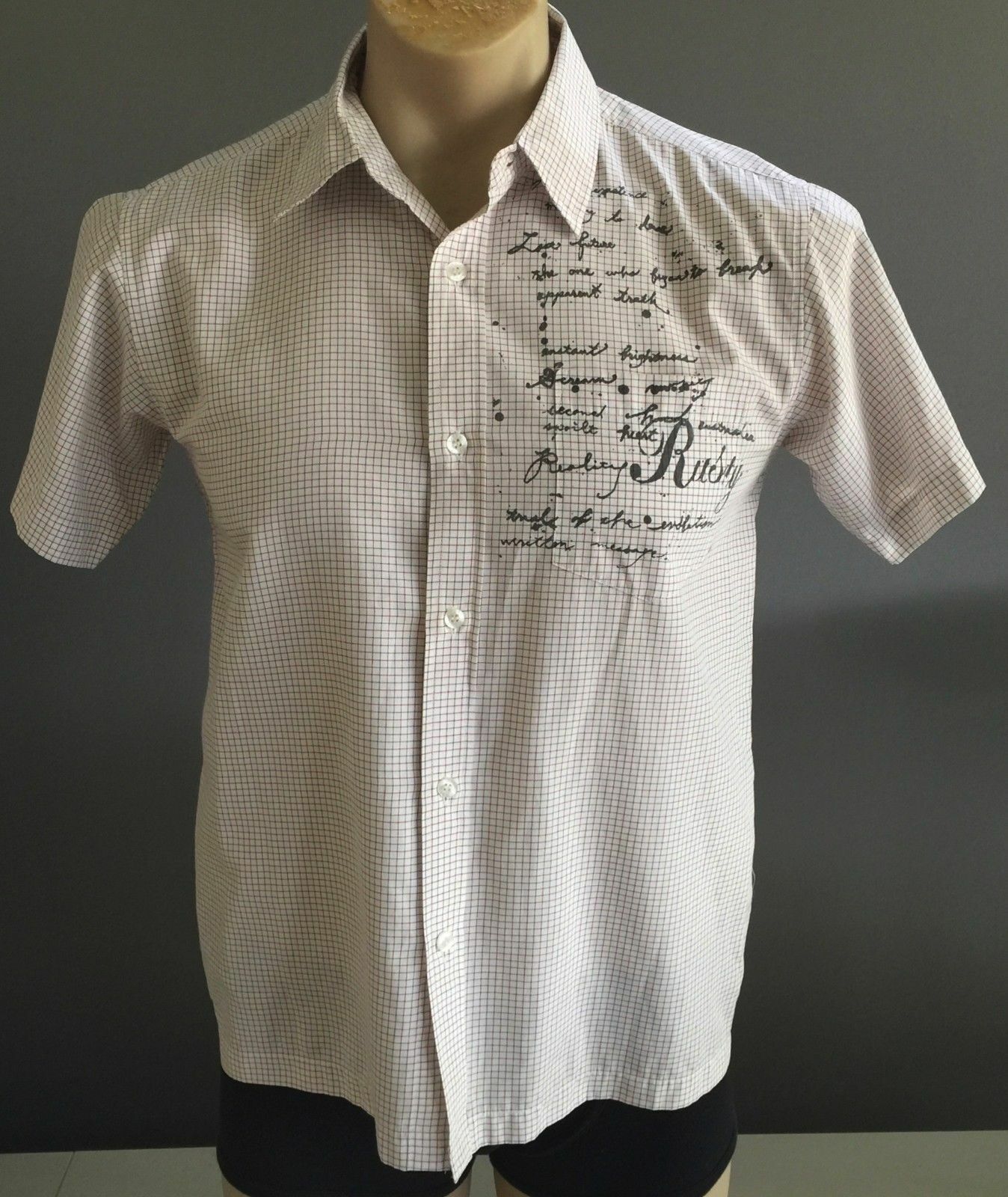 Teen Boys RUSTY Shirt Red & Grey Fine Check Short Sleeve Size 14 Surfy Beach