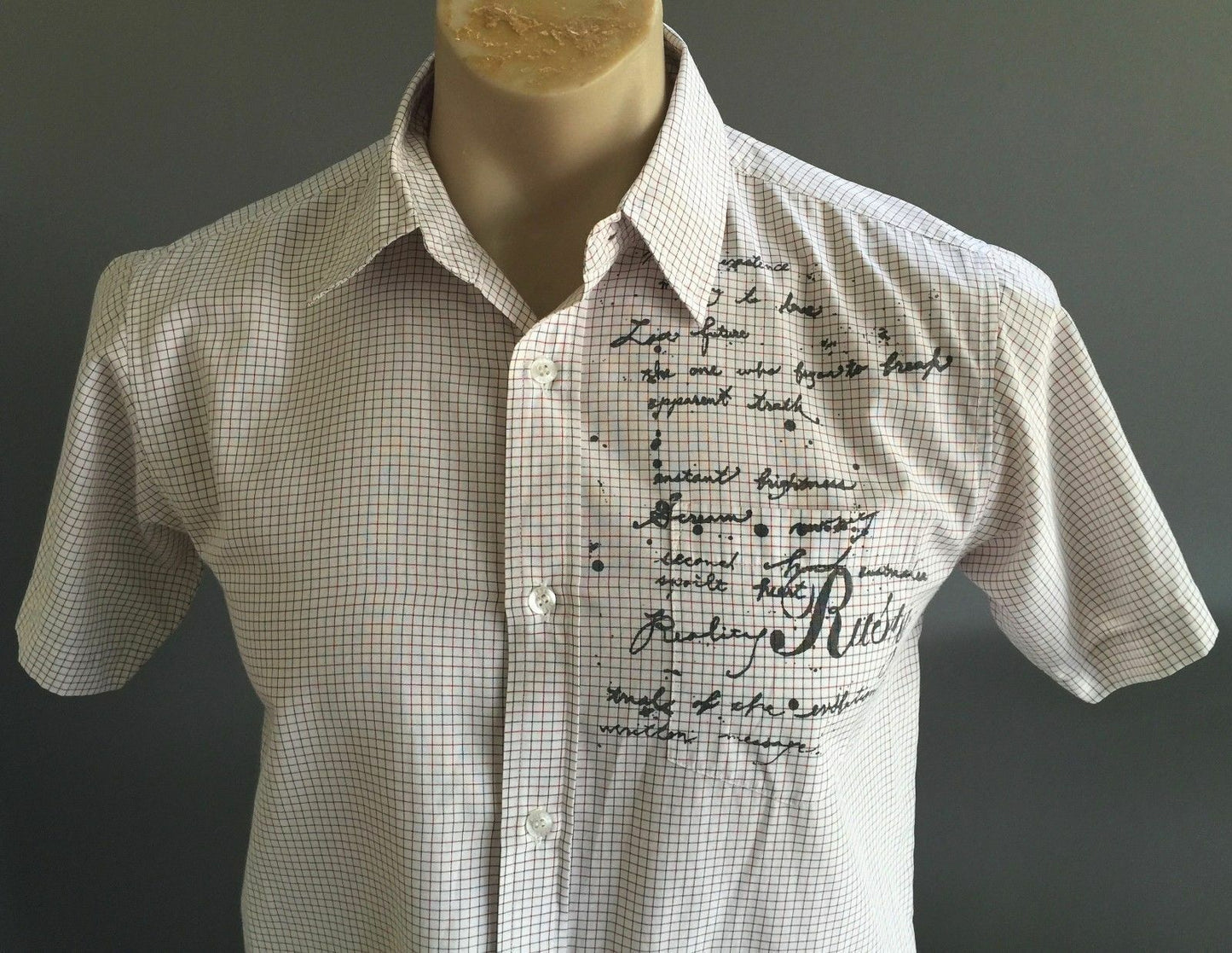Teen Boys RUSTY Shirt Red & Grey Fine Check Short Sleeve Size 14 Surfy Beach