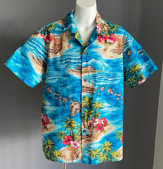 BISHOP ST APPAREL Hawaiian Shirt Bright Loud Print Short Sleeve Teen Boys Siz 16