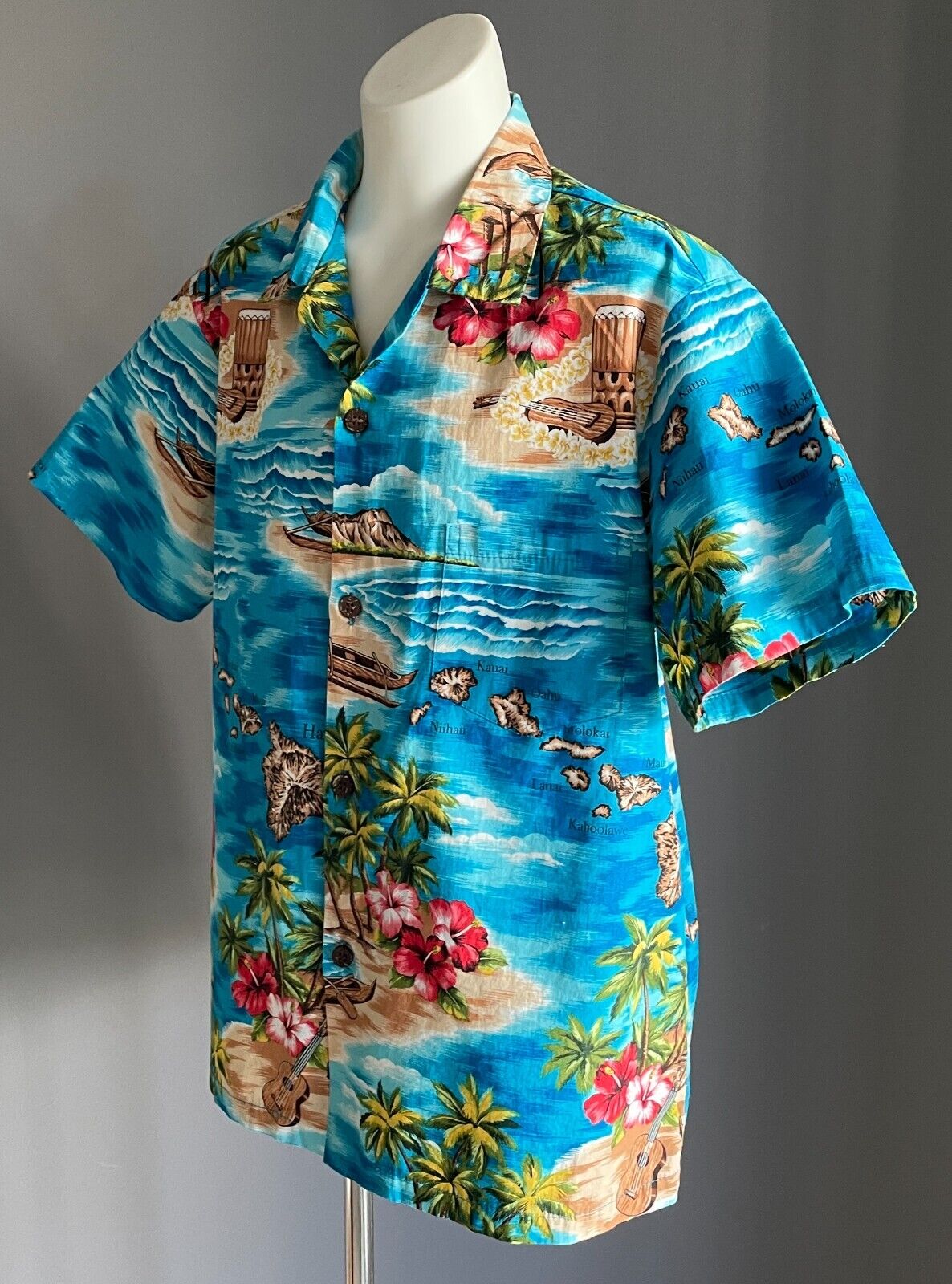BISHOP ST APPAREL Hawaiian Shirt Bright Loud Print Short Sleeve Teen Boys Siz 16