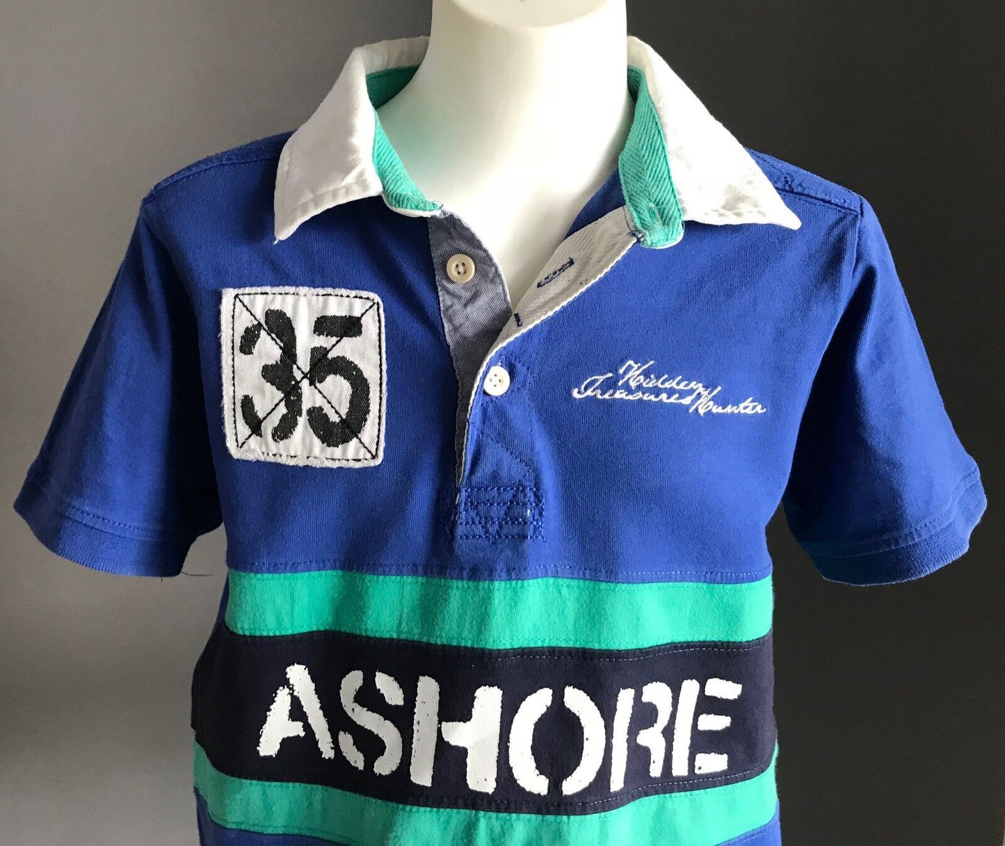 ZARA Polo Shirt 35 ASHORE Blue White Green Short Sleeve Nautical Boys 9 - 10 yr