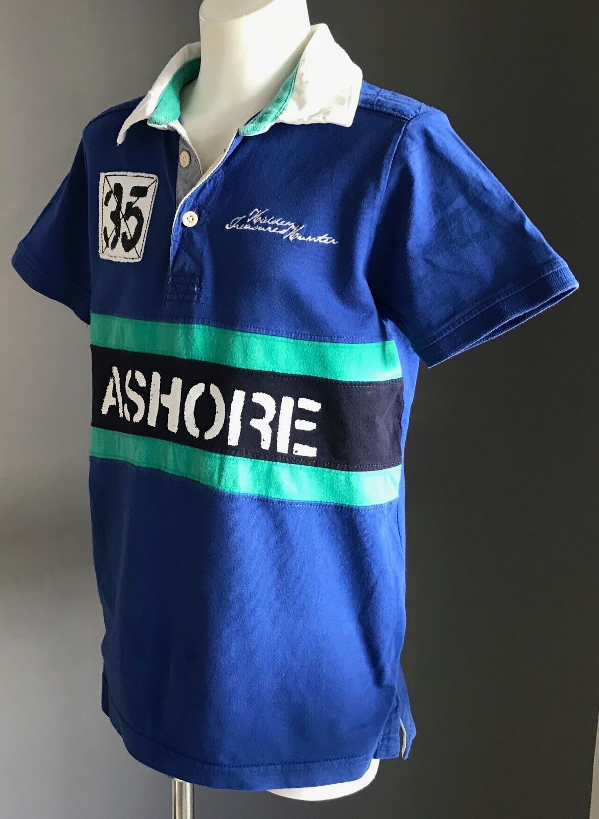 ZARA Polo Shirt 35 ASHORE Blue White Green Short Sleeve Nautical Boys 9 - 10 yr