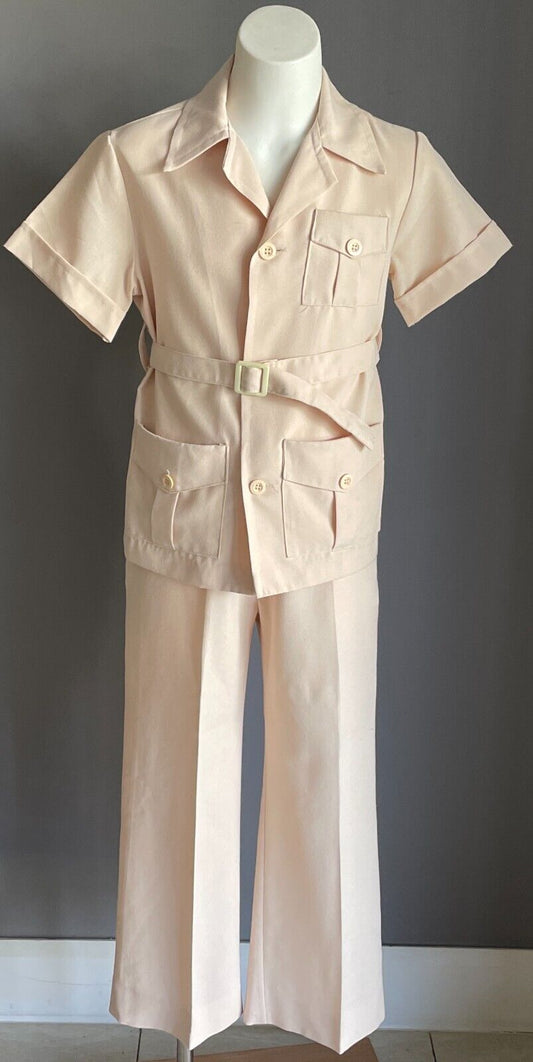 GO YOUNG LAND Boys Size 8 Safari Suit Cream Short Sleeve Jacket & Pants Vintage