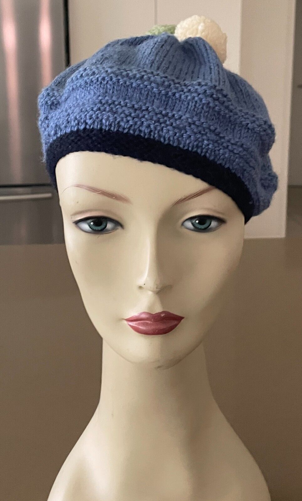 Beret Hand Knitted Blue Green & Off White Pom Pom Trim Ladies OSFA Beanie