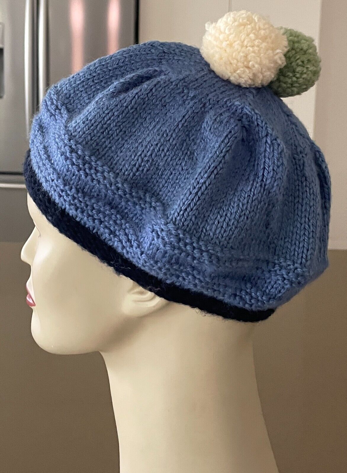 Beret Hand Knitted Blue Green & Off White Pom Pom Trim Ladies OSFA Beanie