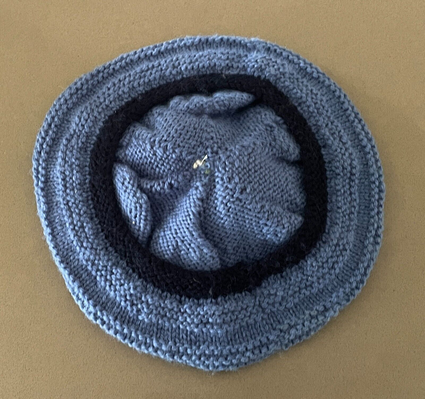Beret Hand Knitted Blue Green & Off White Pom Pom Trim Ladies OSFA Beanie