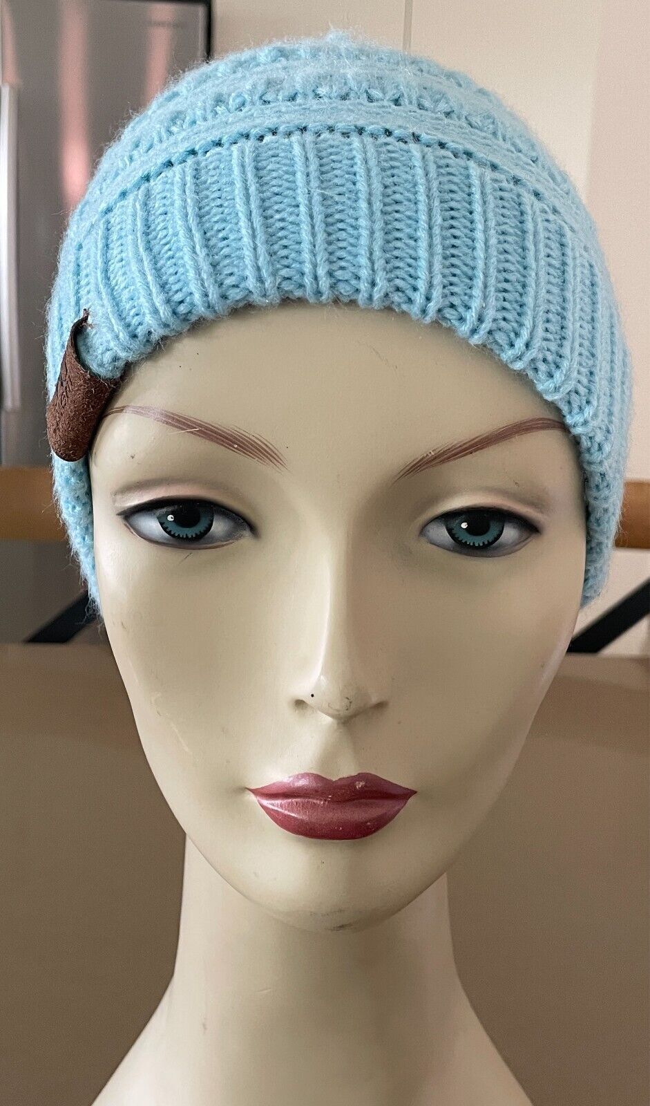 Ponytail Beanie Light Blue Decorative Knit Stitch Size 57cm Acrylic AU PREM