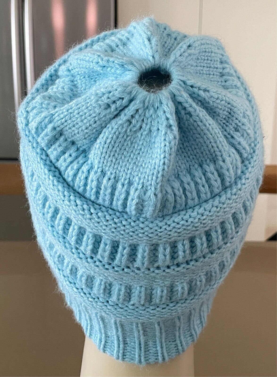 Ponytail Beanie Light Blue Decorative Knit Stitch Size 57cm Acrylic AU PREM