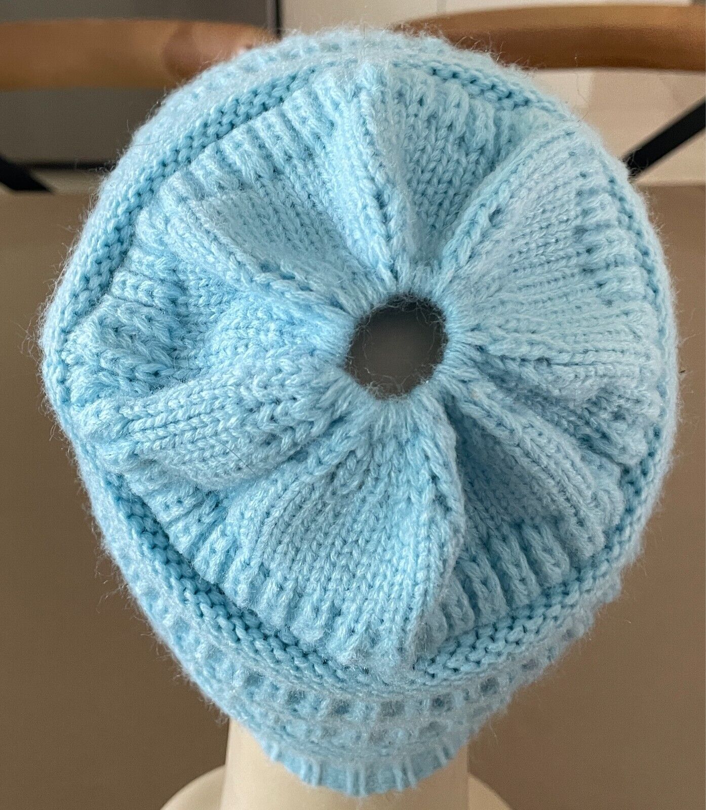 Ponytail Beanie Light Blue Decorative Knit Stitch Size 57cm Acrylic AU PREM