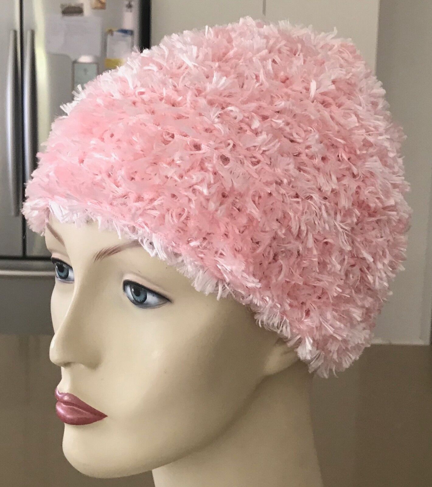 Beanie Chunky Fluffy Knit Hat Handmade Light Pink Chunky Fluffy Knit Size S