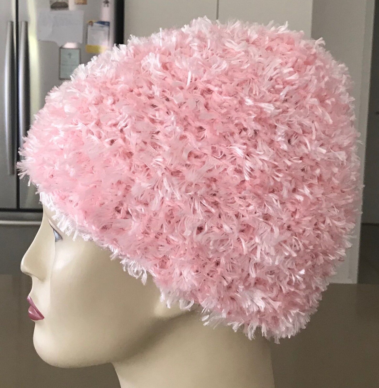 Beanie Chunky Fluffy Knit Hat Handmade Light Pink Chunky Fluffy Knit Size S