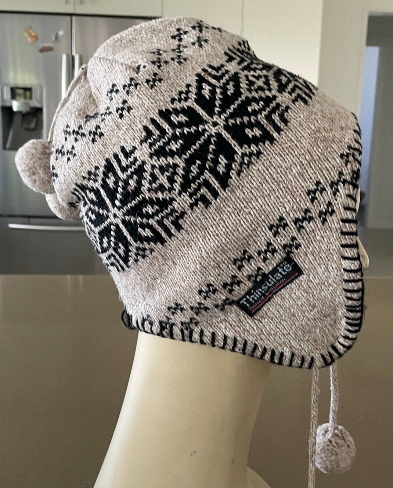 THINSULATE Hat Beanie Warm Brown & Marle Black Print Trim Ear Flaps Pom Poms Cap