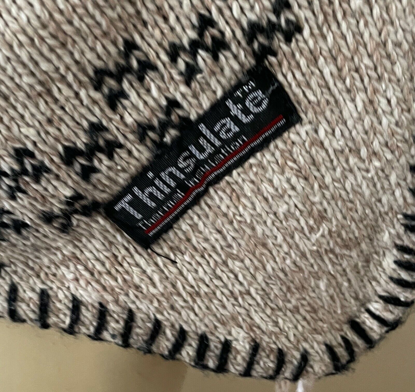 THINSULATE Hat Beanie Warm Brown & Marle Black Print Trim Ear Flaps Pom Poms Cap