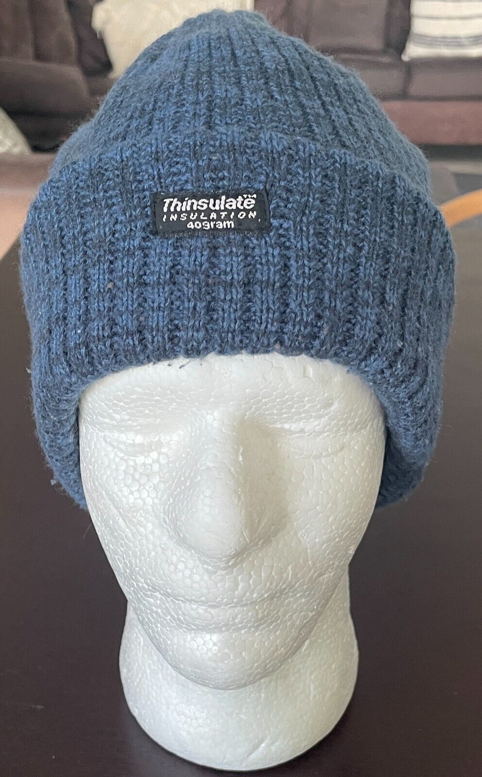 THINSULATE Hat Beanie Ribbed Knit Warm Blue Marl Roll Rim One Size Cap Hat