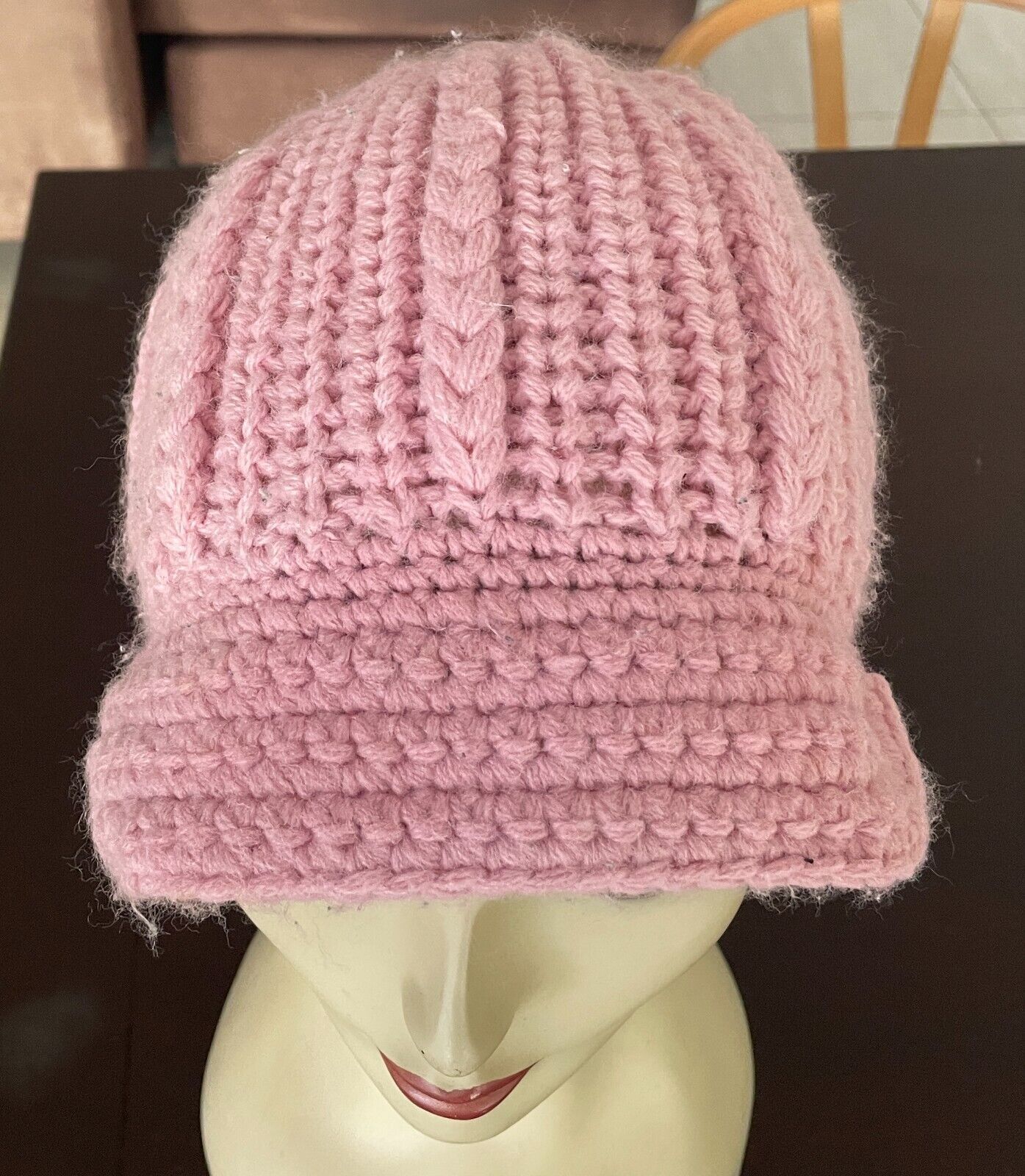 Pink BEANIE HAT CAP Peak Chunky Decorative Knit Acrylic OSFA Hat Cap