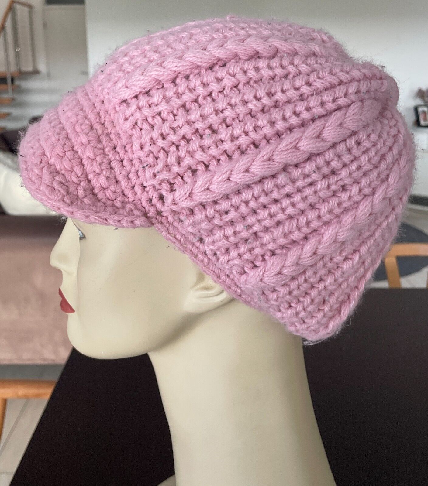 Pink BEANIE HAT CAP Peak Chunky Decorative Knit Acrylic OSFA Hat Cap