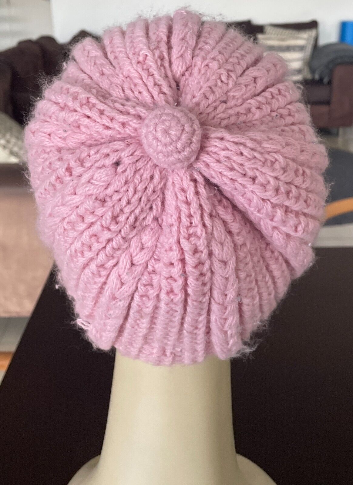 Pink BEANIE HAT CAP Peak Chunky Decorative Knit Acrylic OSFA Hat Cap