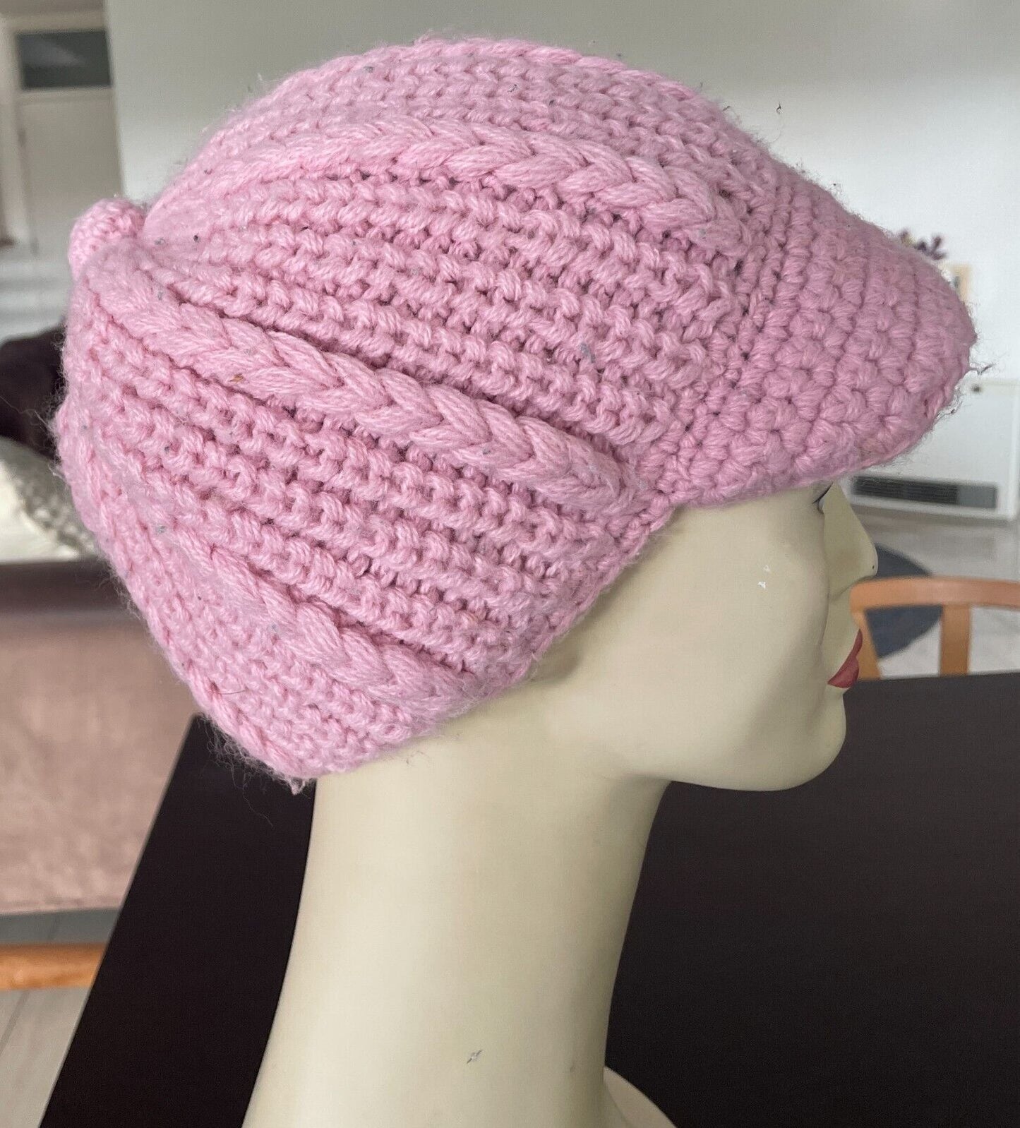 Pink BEANIE HAT CAP Peak Chunky Decorative Knit Acrylic OSFA Hat Cap