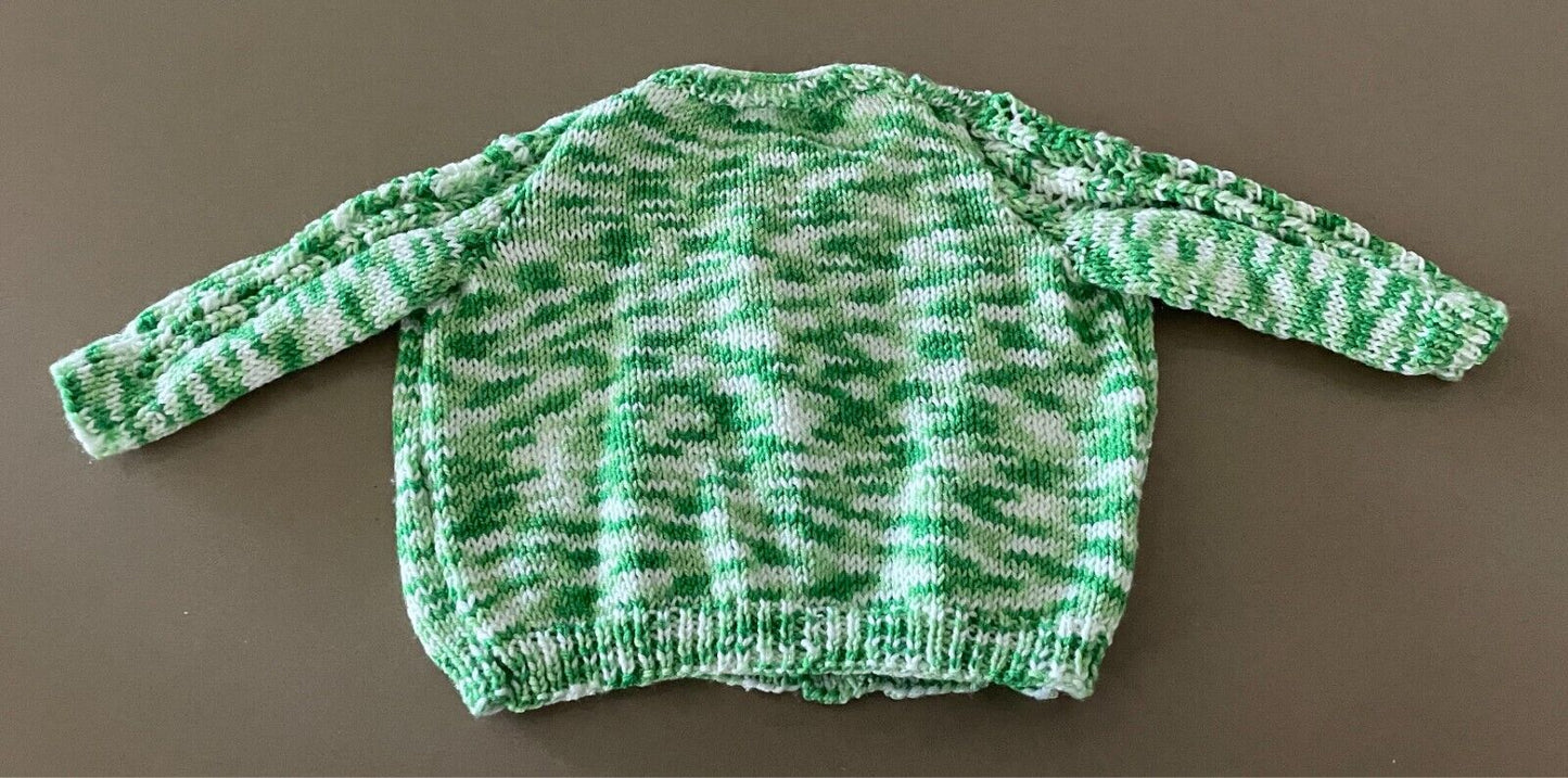 Cardigan + Beanie Green & White Chunky Knit Hand Made 0 - 6 months Unisex NEW
