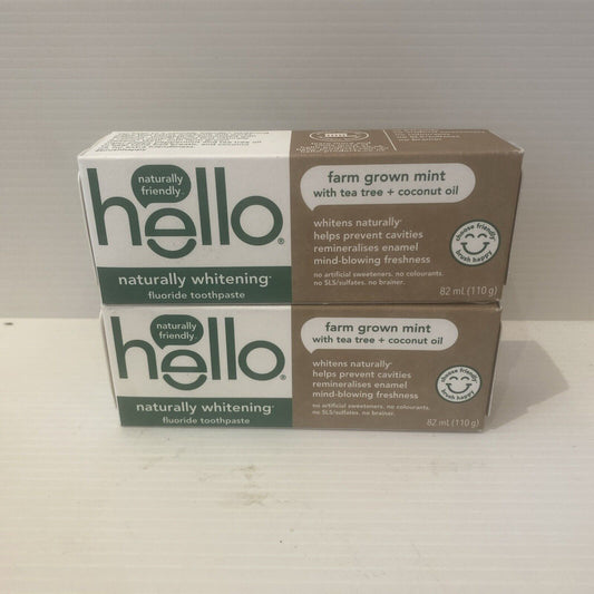 2 Pack Hello Whitening Grown Mint Tea Tree Coconut Oil FLUORIDE FREE Toothpaste