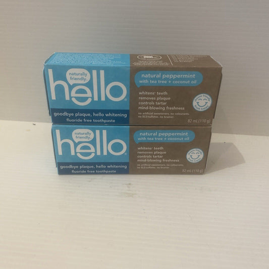 2 Pack Hello Antiplaque + Whitening Toothpaste FLUORIDE FREE Peppermint 110gm