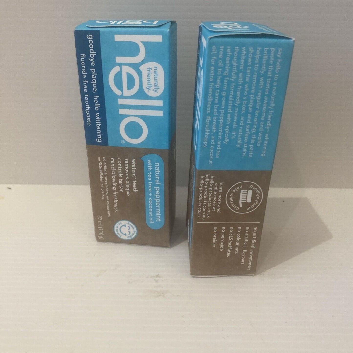 2 Pack Hello Antiplaque + Whitening Toothpaste FLUORIDE FREE Peppermint 110gm