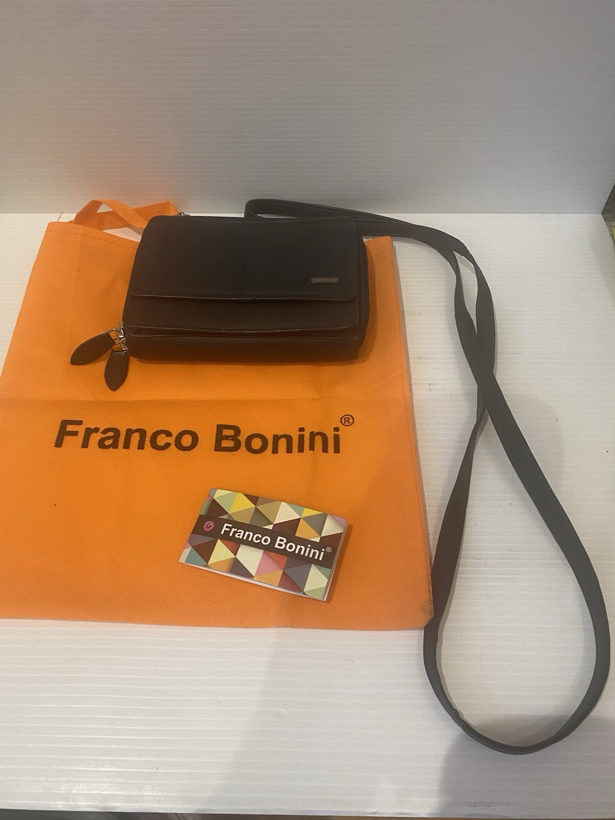 Franco Bonini Black Leather Clutch Purse Handbag Crossbody Wallet NEW w Tag +Bag