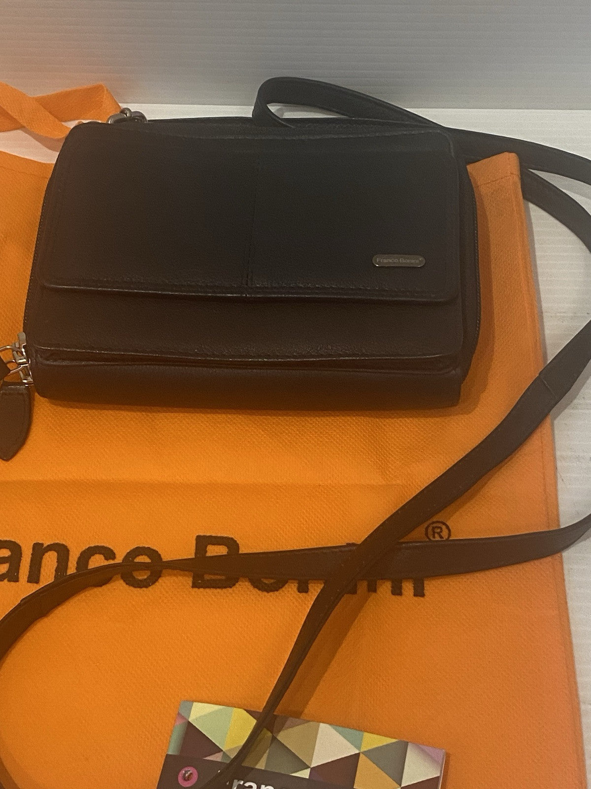 Franco Bonini Black Leather Clutch Purse Handbag Crossbody Wallet NEW w Tag +Bag