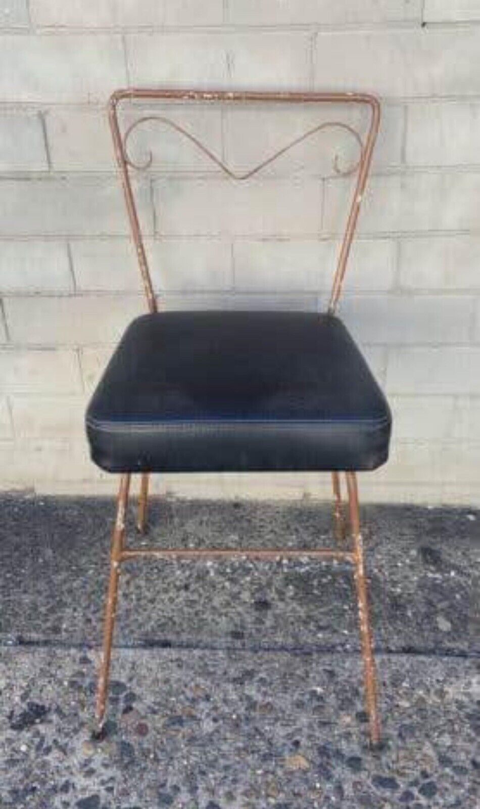 1950’s Rustic Wrought Vanity Chair Mid Century Slim 69cm Black Vinyl Seat
