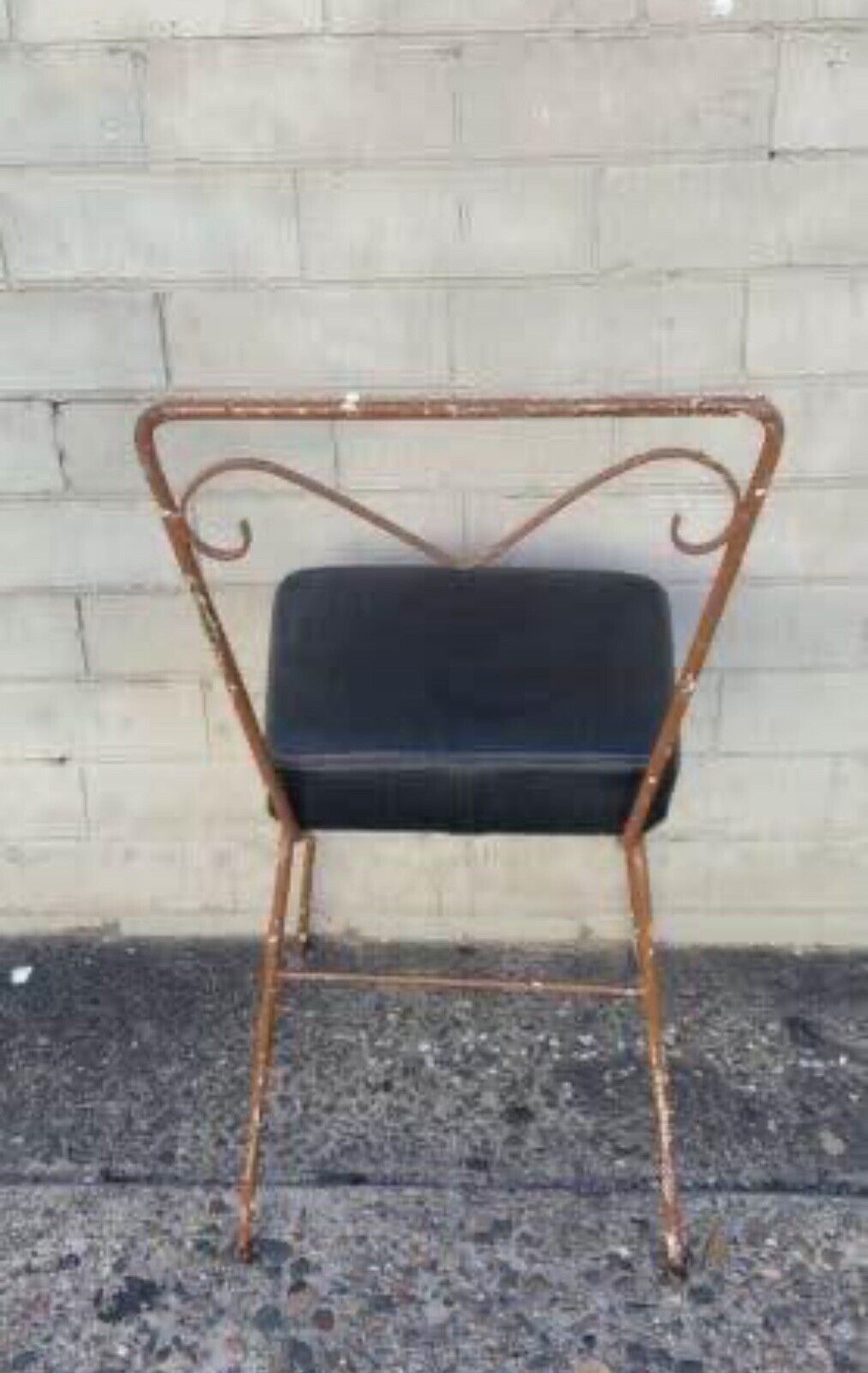 1950’s Rustic Wrought Vanity Chair Mid Century Slim 69cm Black Vinyl Seat