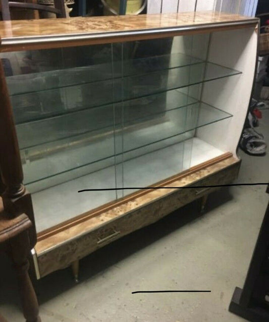 1950's 1960's Display Cabinet Buffet Wood Veneer Glass Doors Shelves w 2 Drawers
