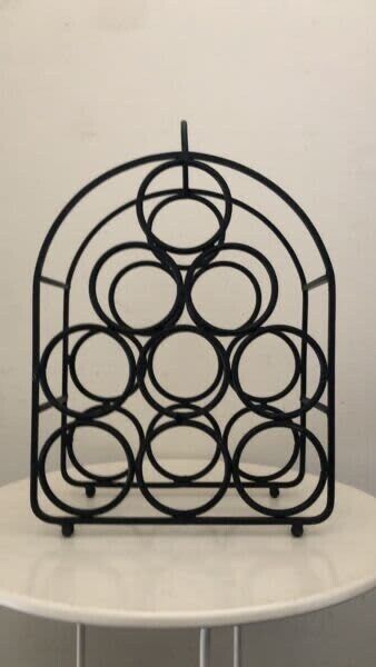 1980's Black WINE RACK Wrought Iton 9 bottles WineRack Handle Floor Bench Mobile