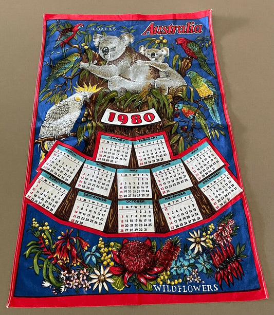 1980 Tea Towel Australian Koalas Birds WildFlowers Calendar Year NEW Vintage