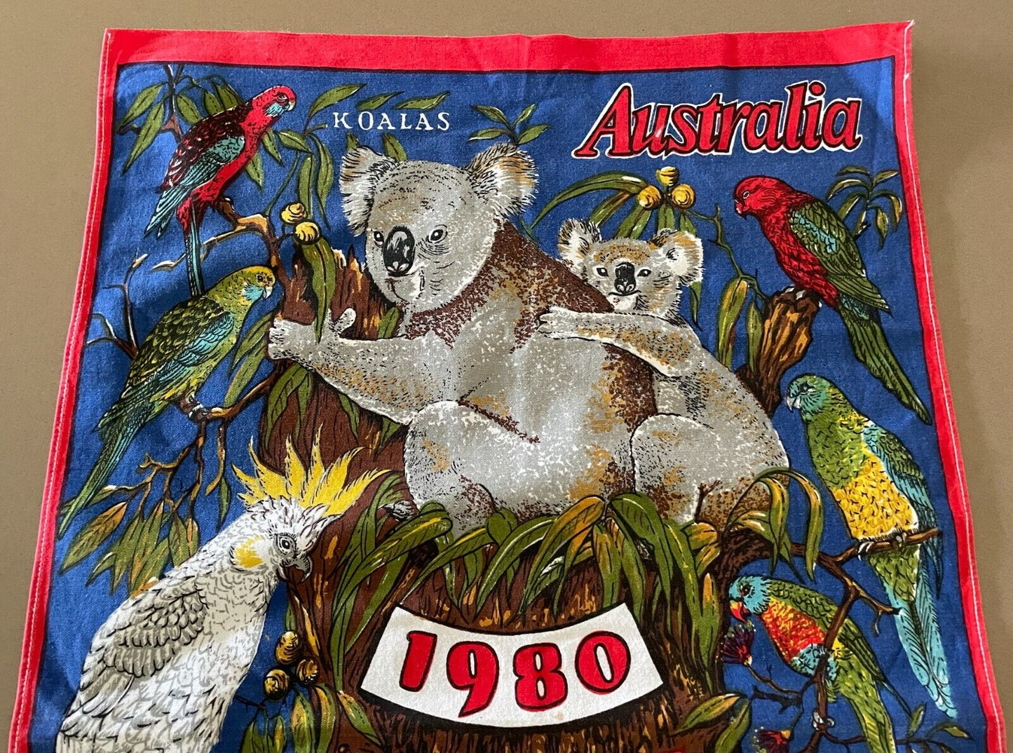 1980 Tea Towel Australian Koalas Birds WildFlowers Calendar Year NEW Vintage