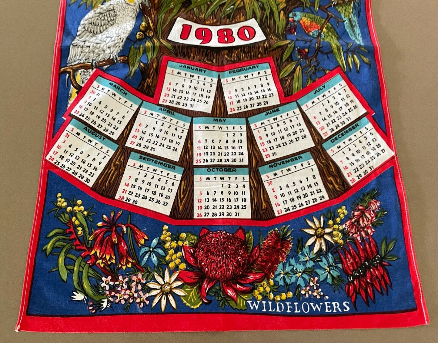 1980 Tea Towel Australian Koalas Birds WildFlowers Calendar Year NEW Vintage