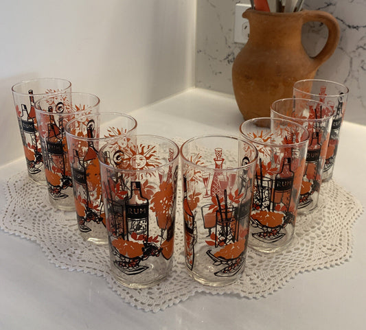 8 X Glasses MCM 12cm Tumblers Rum Whiskey Wine Clear Raised Orange Black Print