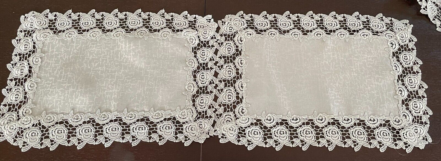 3 Piece Set Silver Grey Jacquard Fabric & Lace Trim Table Runner + 2 Doilies NEW