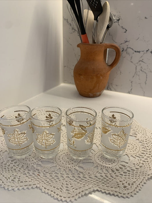 4x MCM 9cm Tumblers Water Wine Glasses  Clear Gold Leaf Pattern White Etching