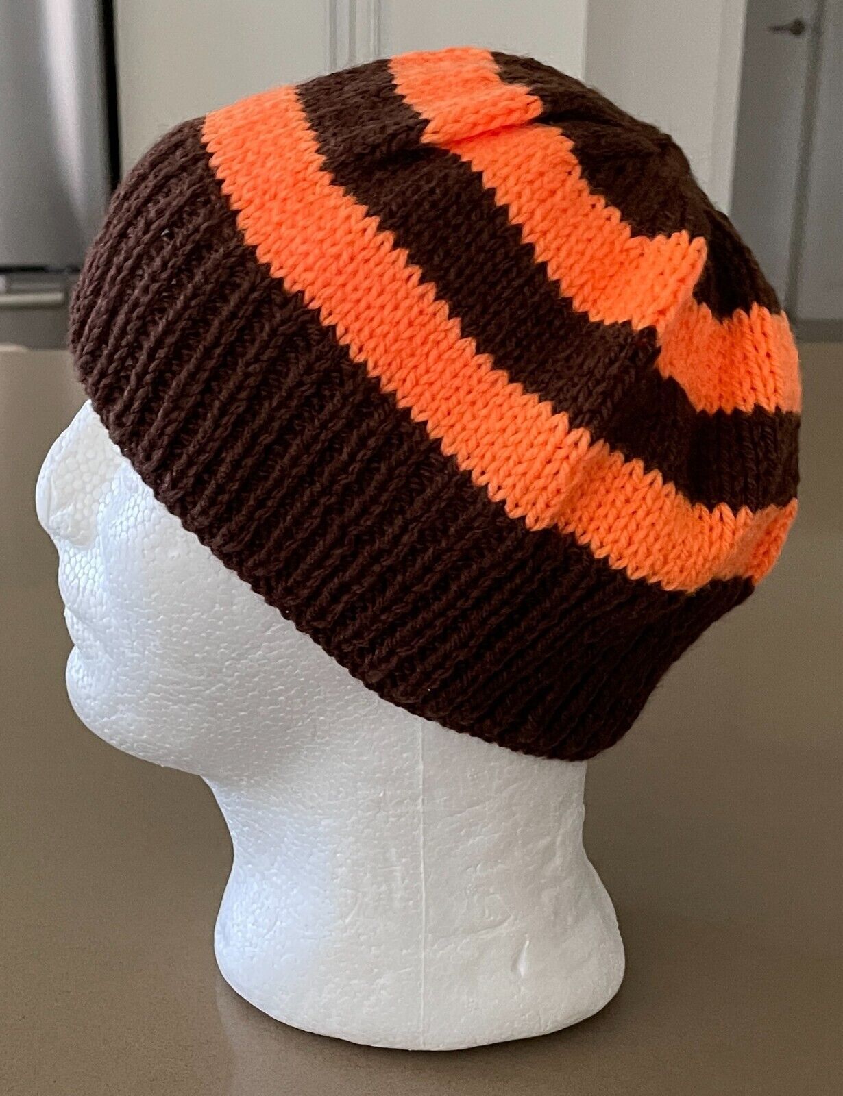Beanie Hat Handmade Brown & Orange Stripe Chunky Knit Cap One Size Unisex