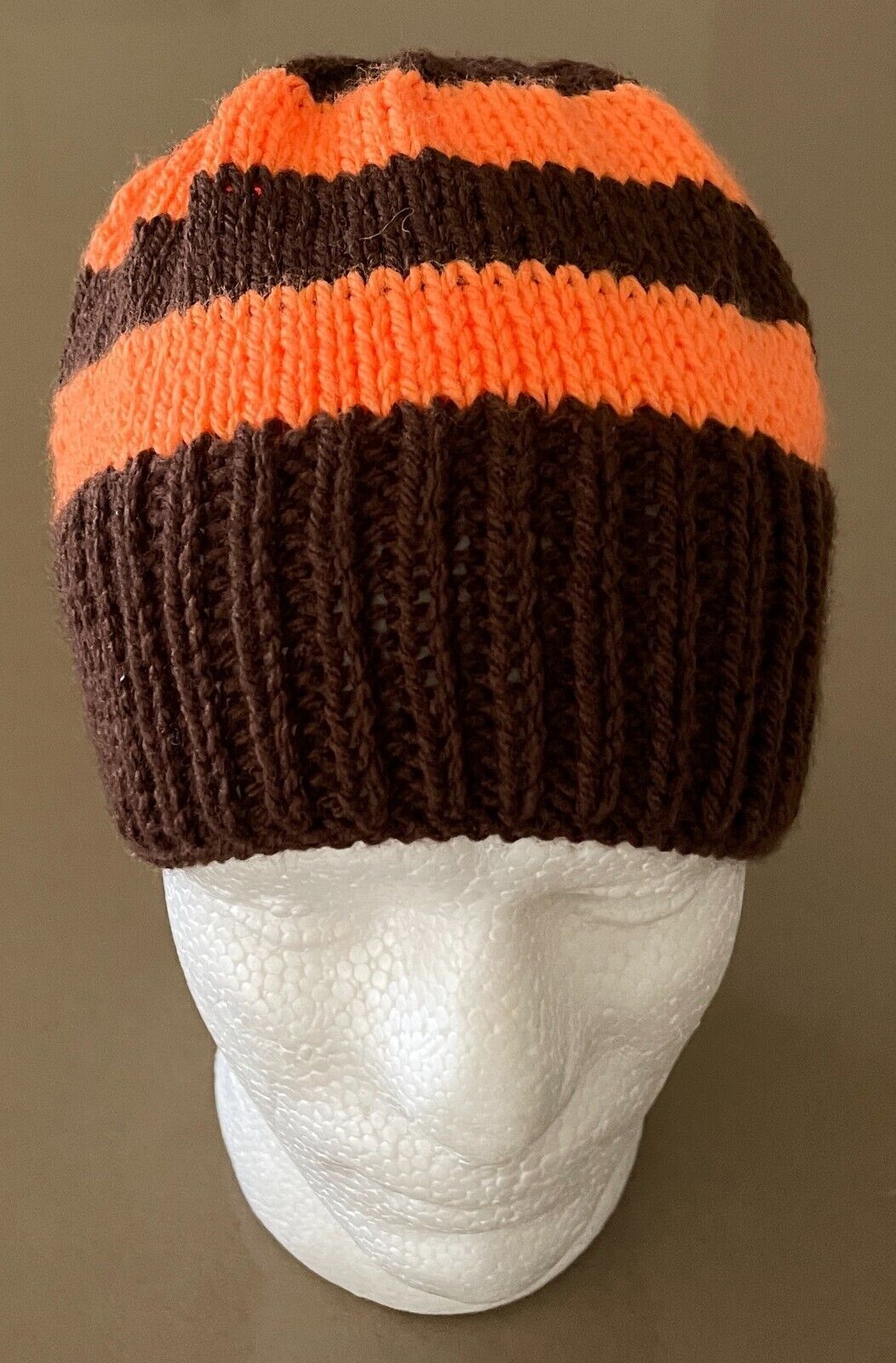 Beanie Hat Handmade Brown & Orange Stripe Chunky Knit Cap One Size Unisex