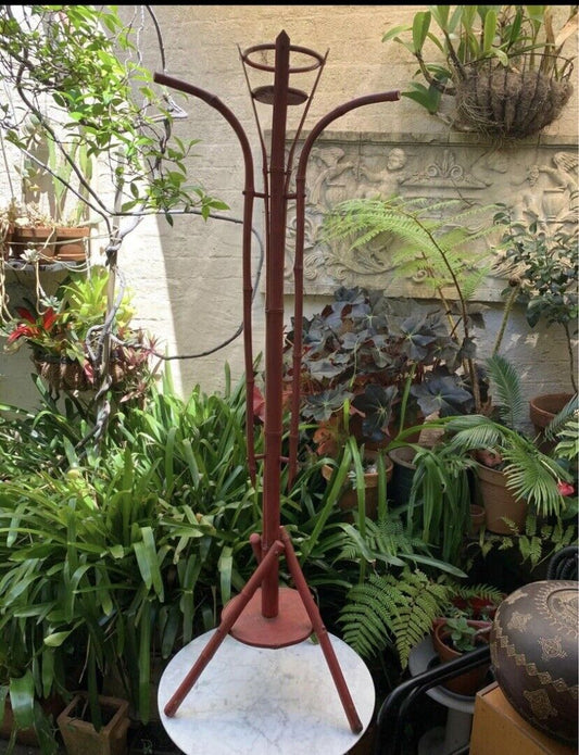 Bamboo Cane Coat Hat Stand Antique 1920s Stand Original Muted Red Paint Vintage