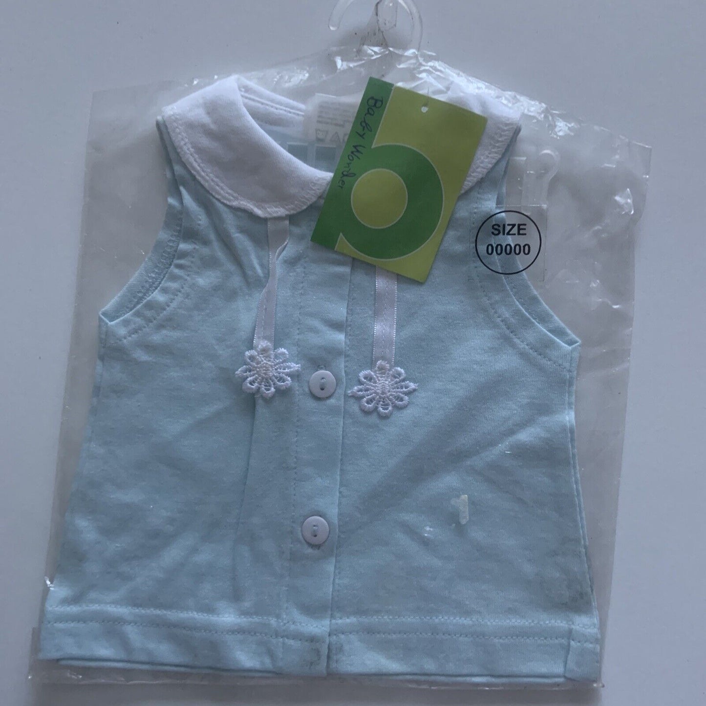 BABY WONDER 00000 Newborn Blue Shirt W Collar White Daisy Sleeveless 3 Buttons