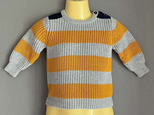 Baby SEED HERITAGE Chunky Knit Jumper Grey & Yellow Stripe Size 00 3 - 6 months