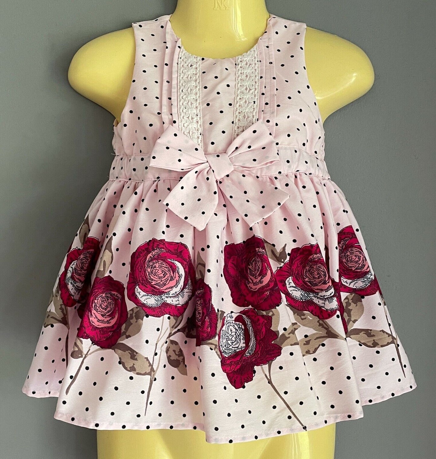 Baby Girl Dress w Bow Pink Black Polka Dot & Floral Print Trim Size 3 - 6 months