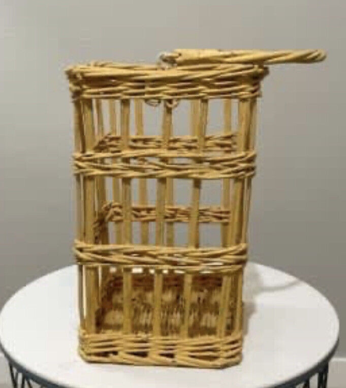 Cane Bamboo Basket Coastal Vintage 30.5cm Yellow Painted Woven Hanging AE184
